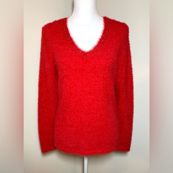 NWT Elena Wang Vibrant Red Eye-Lash V-Neck Jeweled Sweater Women Small - Picture 1 of 10